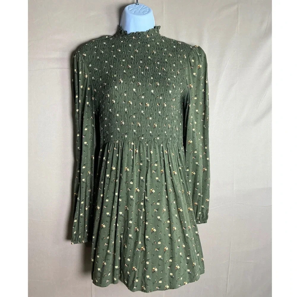 Wild Fable Womens‎ Olive Green Floral Smocked Mock Neck Mini Dress Size M 0448 - Picture 2 of 8